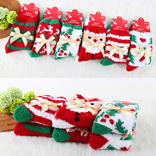 Christmas Fuzzy Socks,Kapmore 6 Pairs Cute Coral Fleece Warm Cozy Socks Holiday Slipper Winter Socks XMAS Fluffy Crew Socks for Women Girls