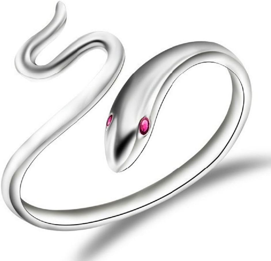 Cadoline Silver Plated Open Snake Ring Size P 1/2 (UK, AU) 8 (US) Adjustable Thumb Wrap Serpent Red Eyes Coil