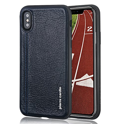 iPhone X Leather Case, Pierre Cardin Genuine Leather Flexible Slim fit Anti-Slip Drop Resist TPU Full Protection Case for iPhone X (5.8") (Dark Blue)