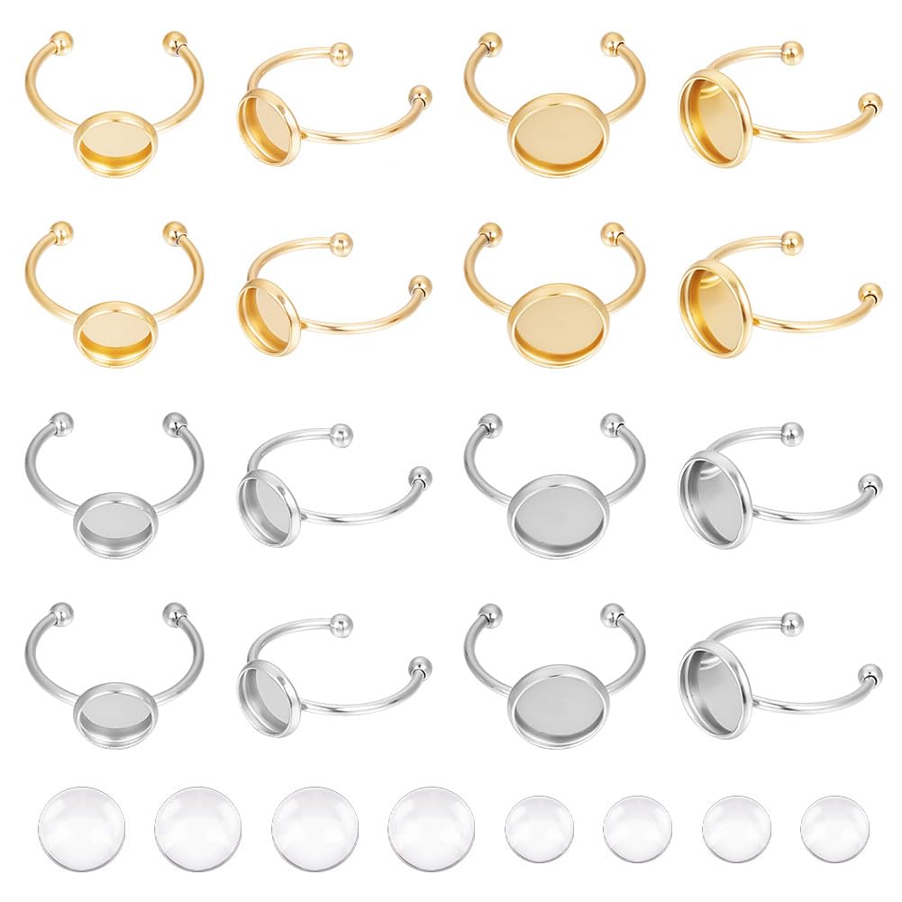 UNICRAFTALE 20 Sets 2 Sizes 2 Colors DIY Blank Dome Cuff Ring Making Kit Golden Ring Blanks Adjustable Ring Blank Base with Cabochons 304 Stainless Steel Ring Settingsfor Jewelry Making