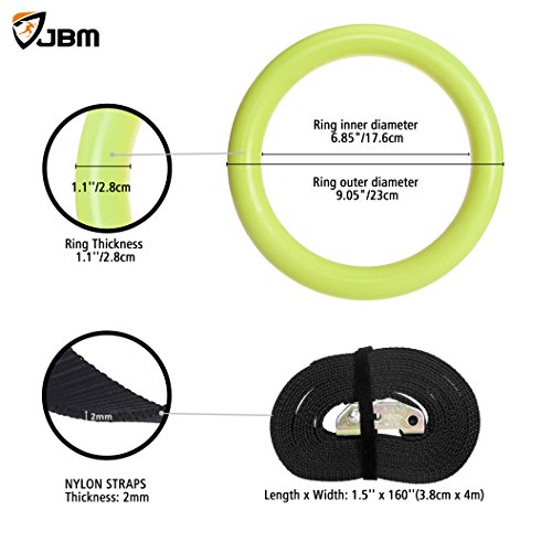 JBM Gymnastics Rings with Adjustable Straps Pull Up Fitness Exercise Rings for Crossfit Training, Organized Storage Full Body Olympic Strength Training Pull Ups and Dips (Green)