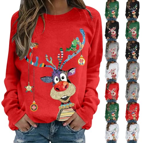 Christmas Jumpers for Women UK Fashion Crew Neck Xmas Tops for Women Funny Deer Head Print Pullover Sweaters Casual Long Sleeves Christmas Sweatshirts Lightweight Slim Fit Xmas Jumper Dress Red