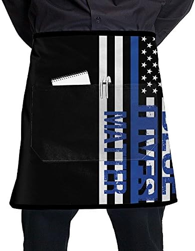 Unisex Blue Lives Matter Half Waist Apron With Pocket Kitchen Cooking Restaurant Half Bistro Aprons For Chef, Baker, Servers, Waitress, Waiter