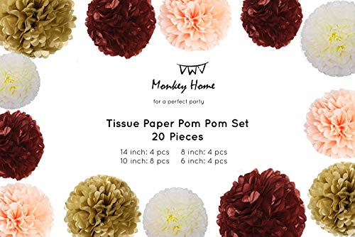 Monkey Home 20 Pcs Tissue Paper Pom Poms Kit (14", 10", 8", 6" Paper Flowers) for Birthday,Wedding,Baby Shower,Bachelorette, Nursery Decor (Burgundy, Peach, Ivory, Gold)