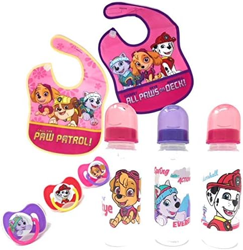 Paw Patrol Girls Baby Feeding Bundle: 3 Baby Bottles, 2 Bibs & 3 Pacifiers Featuring Skye, Everest & Marshall (8 Items)