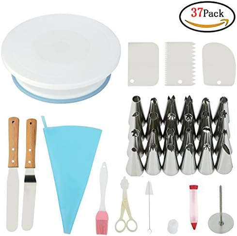Cake Decorating Supplies, Beginners Rotating Cake Stand, 24 Stainless Steel Tips, 3 Icing Smoother, 1 Pastry Bag, 1 Cake Tip Brush, Cake Flower Lifter, Cake Flower Nail, Couple for Home kitchen