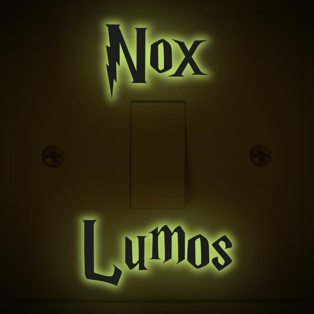 Nox Lumos (Off On) - Light Switch Stickers x2 - Bedroom Decor Magic Wizarding Room Kids Wall Decals - Black, Colour or Glow-in-The-Dark by SuperDuperDecor® - Glow