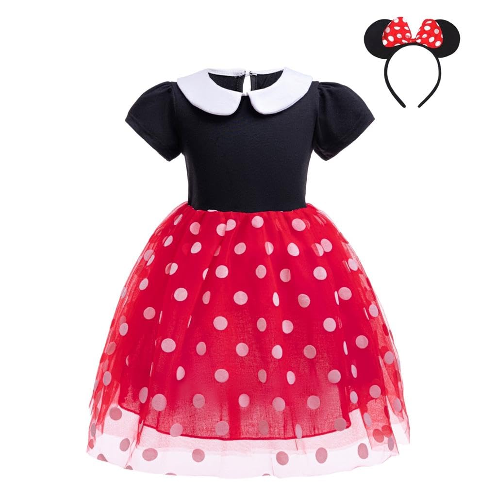 Lito Angels Minnie Fancy Dress Up Costume with Mouse Ears Headband Mini Polka Dots Tulle Skirt Outfit for Little Kids Girls Age 5-6 Years, Red (Tag Number 130)