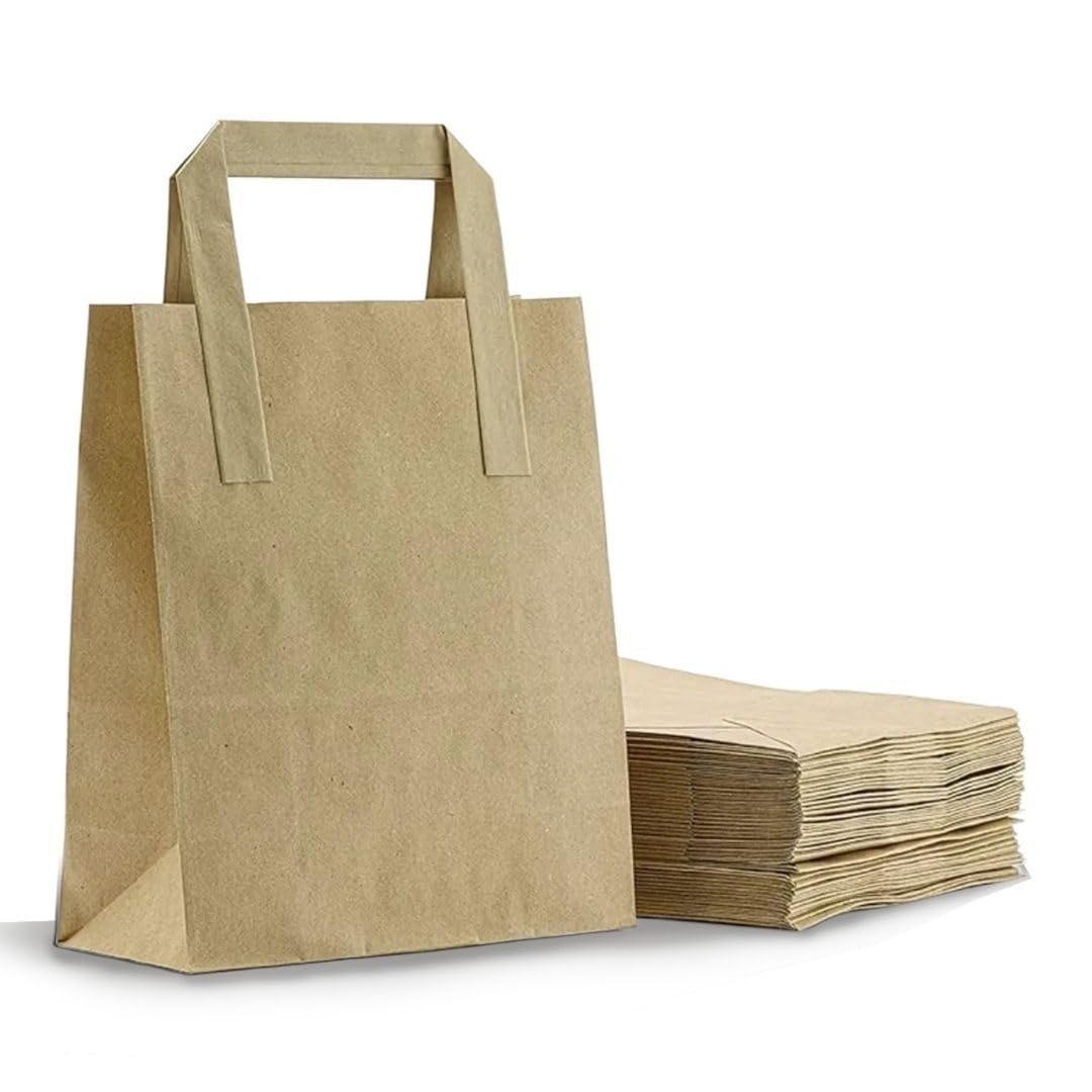 ezkart Multipack Brown SOS Kraft Paper Bags with Handles Ideal for Party, Weddings, Lunch, Christmas, Sweet, Kraft Paper Bags, Food Gift Bags, Takeaway & Grocery (50, Large-30x26x14cm)