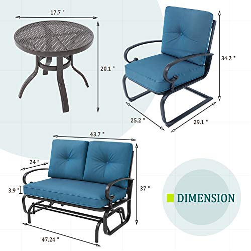 Oakmont Outdoor Patio Furniture Conversation Set Glider Loveseat, 2 Chairs with Coffee Table Spring Metal Lounge Chair Sets Wrought Iron Frame, Peacock Blue