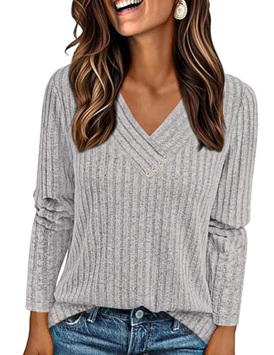 PRETTYGARDEN Women's Fall Long Sleeve V Neck Tunic Shirts (Grey,L) at Amazon