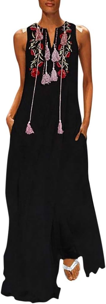 TUSANG Women Skirts Vintage Daily Casual Sleeveless Cotton-Blend Printed Floral Summer Dress Loose Comfy Dress