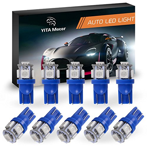YITAMOTOR 10 PCS T10 Wedge 5-SMD 5050 Ultra Blue LED Light Bulbs W5W 2825 158 192 168 194 12V DC