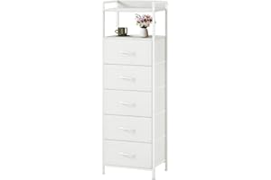 Somdot White Tall Night Stand for Bedroom,Tall 5 Drawers Dresser, Vertical Storage Tower Unit, Nightstand Furniture with Fabric Drawer Organizer in Bedside Kids Dorm Room Closet Laundry Entryway