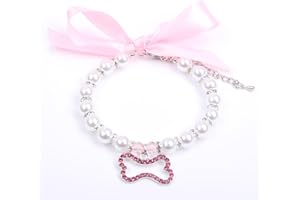 XKSRWE Dog Cat Pearls Necklace Collar with Rhinestones Bone Charm Pendant Pet Puppy Jewelry Accessory (Pink, Extra Large)