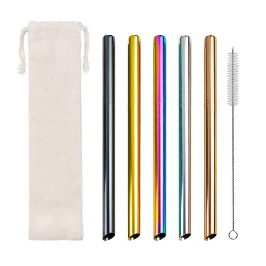 Hoshen 5-Pack 10" Stainless Steel Slanted Head Metal Straws (0.5" Wide), Reusable Straw Set for Tea/Tapioca Pearls, Milkshake Drinks, 1 Cleaning Brush and 1 Cloth Bag (Mix Colors)