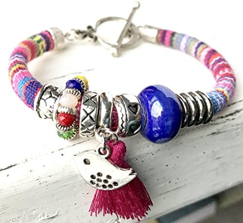 Multicolor Woven Cotton Bracelet Ethnic Friendship Cuff Colorful Wristband Pink Tassel and Bird Charm Sliders