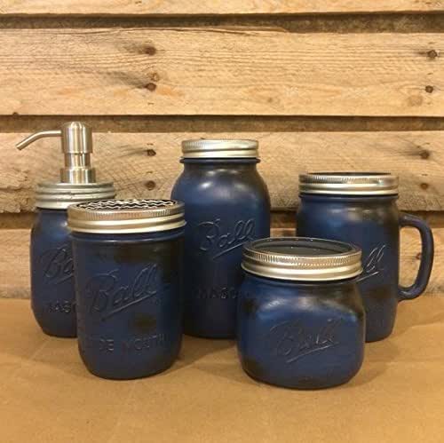 Amazon Com 5 Piece Rustic Blue Mason Jar Bathroom Accessory Set Or Desk Set With Drinking Mug And Soap Dispenser Men S Bathroom Decor Handmade