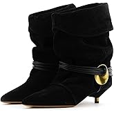 Agodor Women's Slouchy Ankle Boots - Pointed Toe Kitten Heels Booties Wide Calf Boho Suede Cowboy Boots Fold Over Mid Calf Slip On Comfortable Shoes