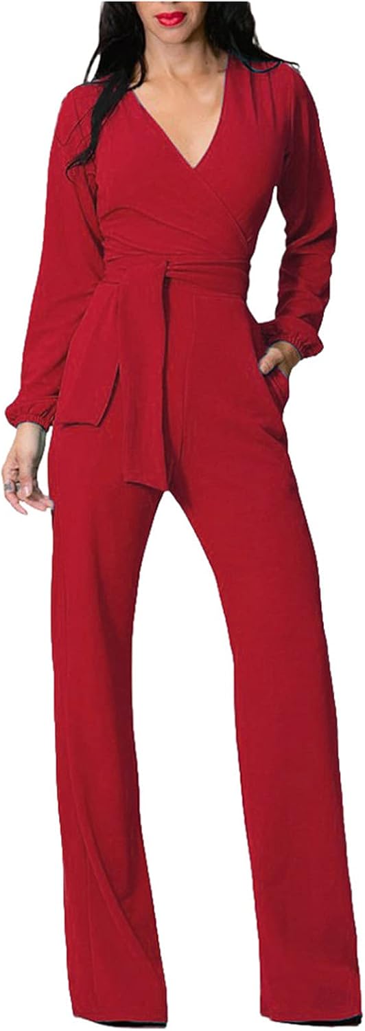 Jumpsuit Damen Langarm VAusschnit Slim Fit Romper Overall mit Gürtel