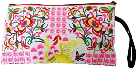 Khum Wieng Kham Women's Flamingo Pink embroidered Clutch Bag w/ White Fabric