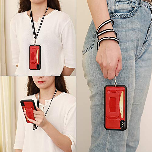 TOOVREN Case for iPhone Xs Max, Lanyard iPhone Xs Max Wallet Cases with Card Holder Slot, Neck Strap Finger Phone Loop Foldable Kickstand Purse Cover for Women Men - Red