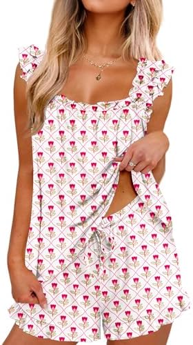 LOMON Womens White Pajama Sets Short Sleeve Lounge Sets 2 Piece