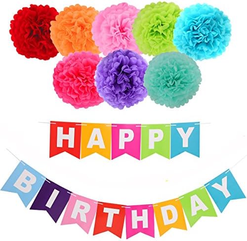 Happy Birthday Banner Kit, Tissue Paper Flags, Kids’ Party Decoration Supples,Festive Decoration with 8 Pcs Colorful Tissue Paper Fluffy Flower Pom Poms