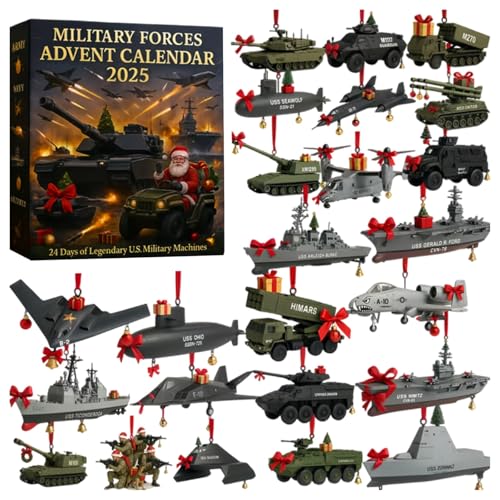 Legends of The Armed Forces Advent Calendar 2025 for Men, Christmas Countdown 2025 with 24 Days of Legendary Military Machines 2D Ornaments Advent Calendar for Mens Boys Kids Party Favors