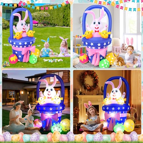 Easter Inflatable Bunny Outdoor Decorations, Blow Up Easter Rabbit with Basket, Chick & Colorful Eggs, Built-in LED Lights Yard Decoration for Indoor Outside (6FT Bunny with Basket)