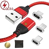 Magnetic USB Charger Cable Lighting/Micro USB Type C for Android Phone, QC 3.0 Fast Charging Cable with LED, 3 in 1 Adapters Quick Charge Cord Nylon (5-Red, 1M/3.3ft)