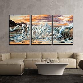 3 Piece Canvas Wall Art - The Horses Running from Waves - Modern Home Art Stretched and Framed Ready to Hang - 16"x24"x3 Panels