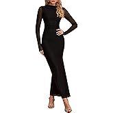 XinFSh Women's Fall Long Sleeve Bodycon Maxi Dress Mesh Ruched Formal Wedding Guest Cocktail Dresses