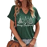 V Neck Christmas Graphic Shirts for Women Festival Casual Printing Blouse Winter Indoor Basic Tops New Year Tee