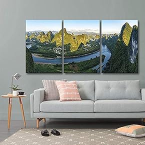 3 Panel Canvas Wall Art - Bird View Landscape of Mountains,Rivers and Village - Giclee Print Gallery Wrap Modern Home Art Ready to Hang - 16"x24" x 3 Panels
