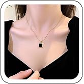Zeshimb Gemstone Square Necklace Black Onyx Pendant Necklace Gold Beads Chain Geometric Square Necklace Black Crystal Birthstone Statement Necklace Bridal Wedding Jewelry for Women