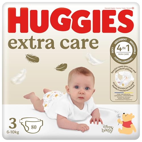 Huggies Extra Care Nappies, Size 3 (6-10kg), Pack of 80 Nappies (40x2)