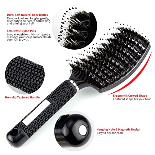 Boar Bristle Hair Brush, Vented And Curved Detangling Hair Brush For