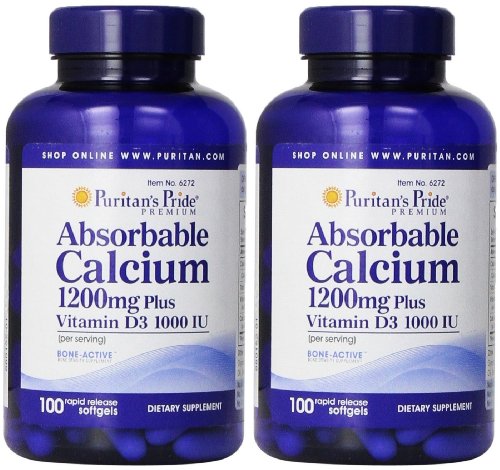 Puritan's Pride Absorbable Calcium 1200 mg with Vitamin D 1000 IU -- 2 Bottles each of 100 Softgels