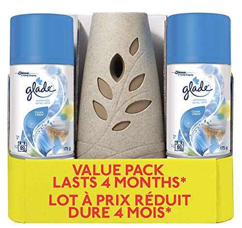 Glade Automatic Spray Holder and Clean Linen Refill Starter Kit (value pack), Battery-Operated Holder for Automatic Spray Refill, Includes 2 Refills and 1 Holder