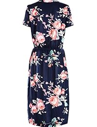 Vestido estilo camiseta floral Falda de manga corta estampada floral con bolsillos casuales Vestido a media pierna, azul marino