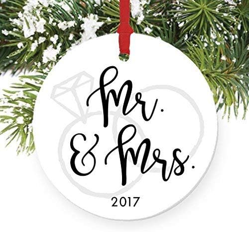 Mr & Mrs Ornament 2019, Calligraphy Porcelain Ornament, 1st Married Christmas, First Christmas Married Flat Circle Funny Christmas Ornament Glossy Glaze, Red Ribbon & Gift Box