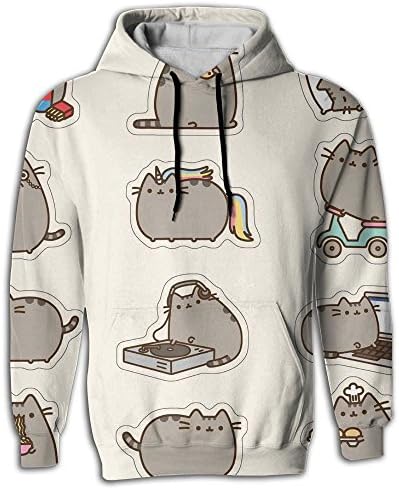 CHONGHWA TSINHWA Men's Full All Over Pusheen The Cat Drawstring Sweatshirt With Pockets Large