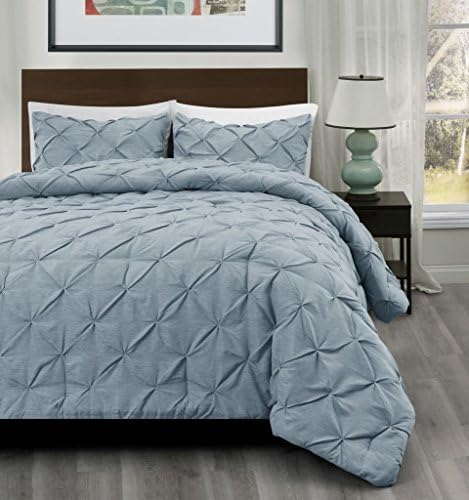 SuperBeddings Master 3PCs Pich Pleat Comforter Set | Size:King/Cal-King | Color: Stone Blue | Crafting :Designer Pattern (1 Bedspread, 1 Pillow Shams Included)