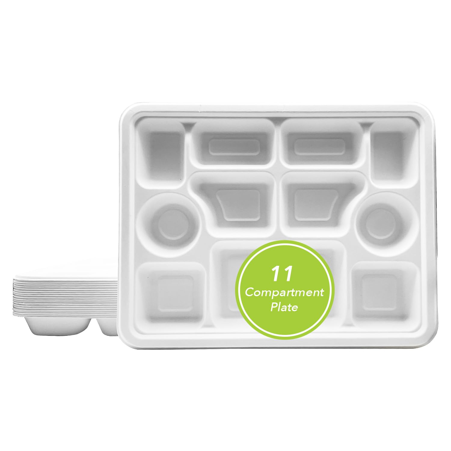 Photo 1 of **Only 25**three leaf 11 Compartment Bagasse Rectangular Plate, 200 Ct. PFAS-Free, Heavy Duty, Sugarcane Fiber, Eco Friendly Disposable, 100% Biodegradable, Microwave and Freezer Safe, Ideal for Lunch, Buffet
