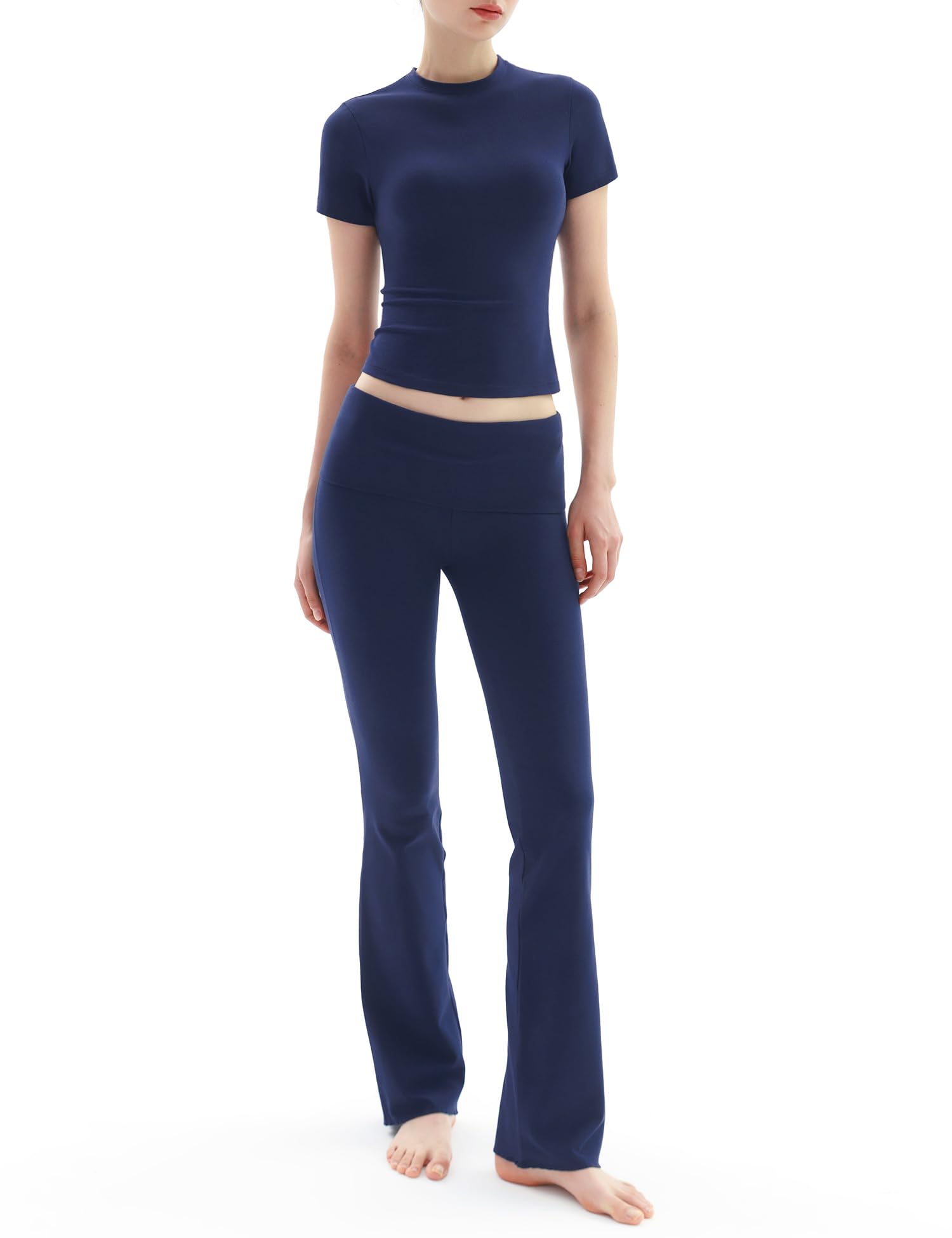 Photo 1 of PUMIEY Two Piece Sets for women Lounge Sets Short Sleeve Tops Flare Leggings Set Going Out Casual Outfits Matching Sets Tracksuit, Dark Night Medium