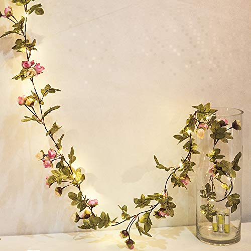 Hecaty 2 Strands Artificial Rose Garland Silk Flowers Hanging Rose Vine with 16ft Led String for Wedding Home Party Event Wreath Decor (Pink&Champagne) - Thumbnail 3