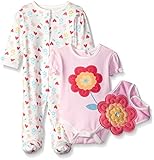 BON BEBE Girls' 3 Piece Take Me Home Set with Coverall Bodysuit and 3d Bib, Flower, 3-6 Months