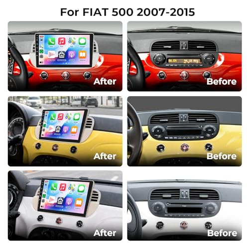 Fuluku 4+64G Android Car Radio for Fiat 500 2007-2015 with Wireless Carplay & Android Car, 9 Inch IPS Touch Screen Radio with Bluetooth 5.0/GPS/Rear Camera/FM/WiFi/SWC (Beige)
