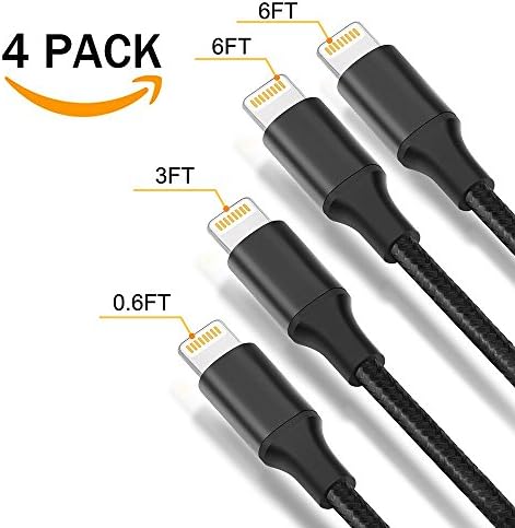 [4 Pack]Lightning Cable, (0.6FT 3FT 6FT 6FT) Nylon Braided charger cable Cord Lightning to USB Cable support iPhone 8/X 7/7 Plus/6/6s/6 Plus/6s Plus, iPad Pro/Air/mini, iPod (Black)